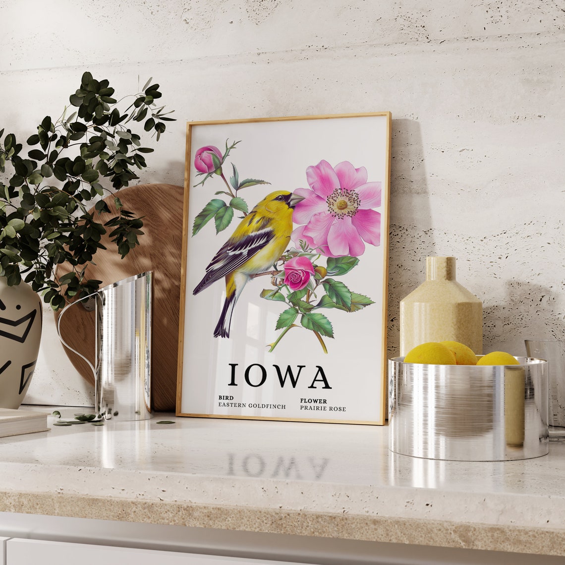 Iowa Eastern Goldfinch And Prairie Rose Botanical Wall Art Print - Image 2