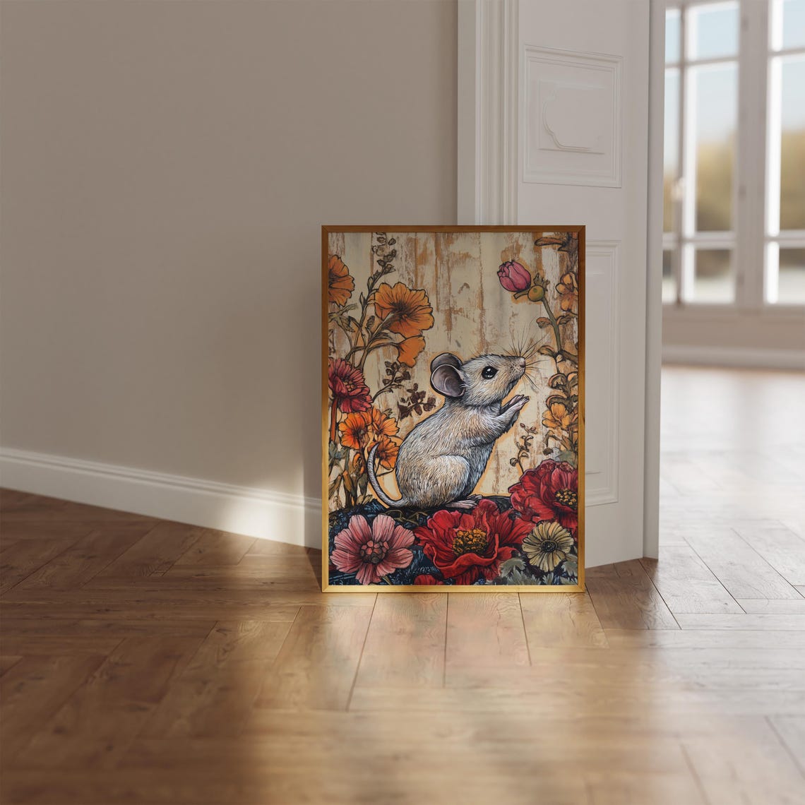 Gray Mouse Sniffing Pink Bud Orange Blossoms Vintage Woodland Poster - Image 2
