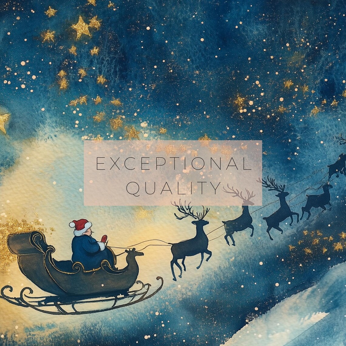 Santas Sleigh Flying Under Starry Night Sky Watercolor Christmas Art Print - Image 3