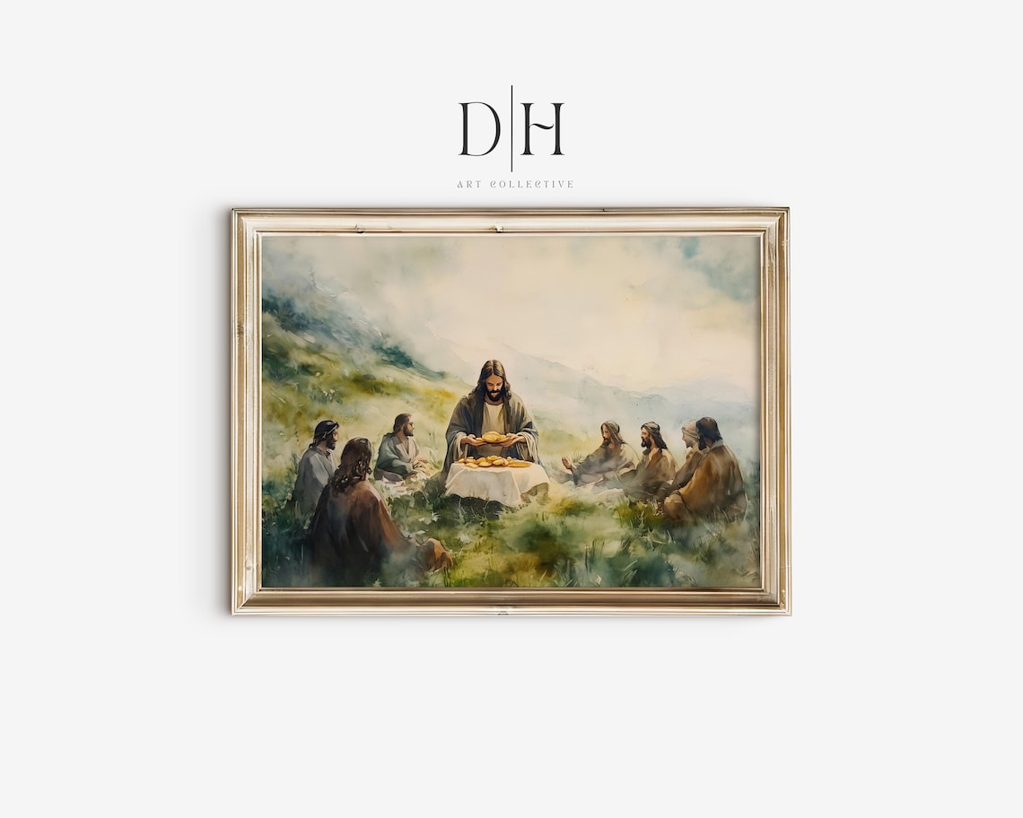 Jesus Feeding The Five Thousand Loaves Vintage Christian Bible Art Print