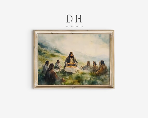 Jesus Feeding The Five Thousand Loaves Vintage Christian Bible Art Print