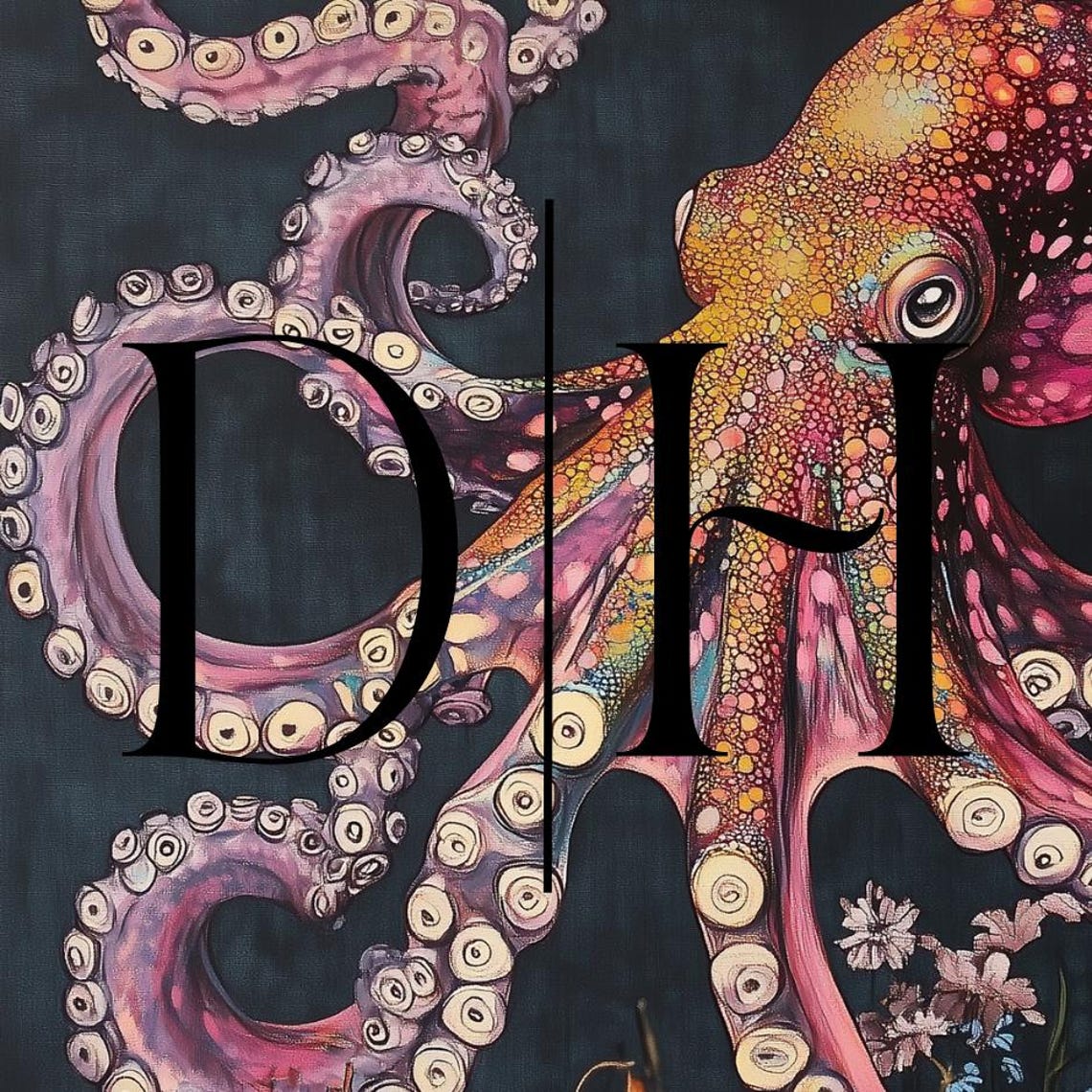 Purple Octopus Curling Tentacles Colorful Wildflowers Dark Sea Poster - Image 3