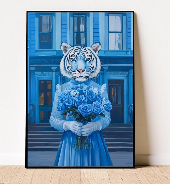 Surreal Blue Tiger Woman Poster White Tiger Holding Blue Roses Art