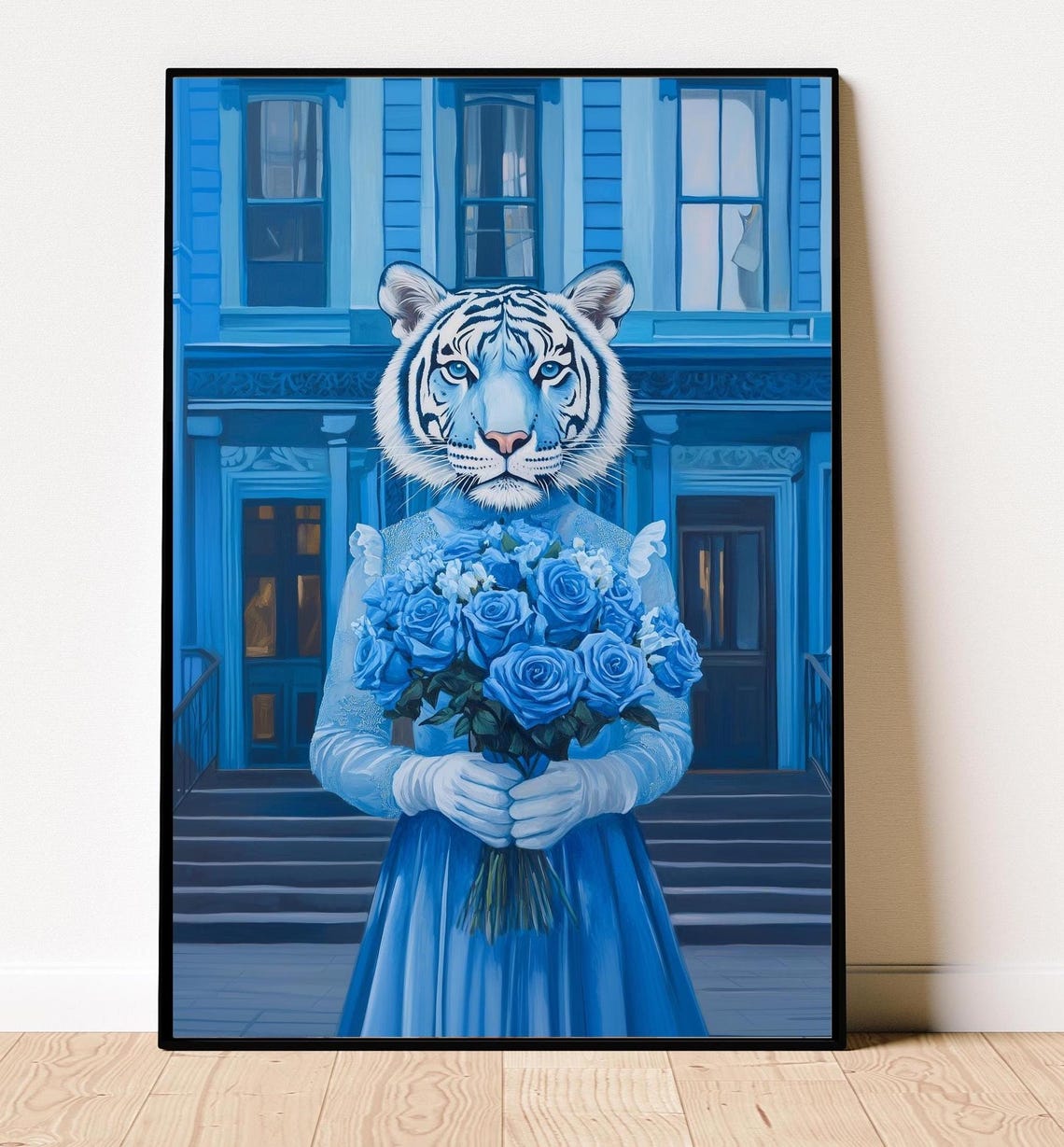 Surreal Blue Tiger Woman Poster White Tiger Holding Blue Roses Art