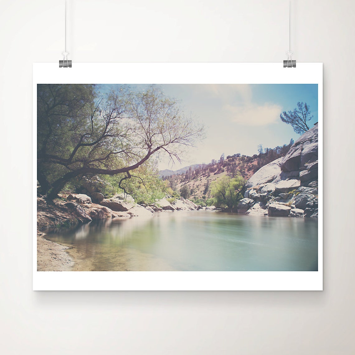 Serene Rocky River Bend Under Sunlit Trees Landscape Photo Poster