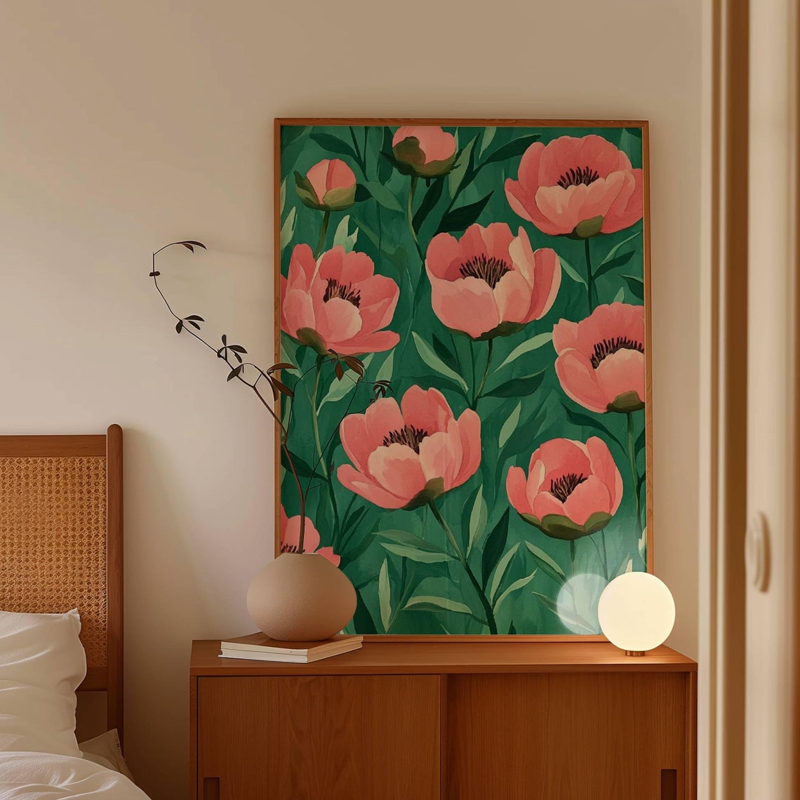 Pink Peony Flowers On Emerald Green Modern Floral Botanical Poster