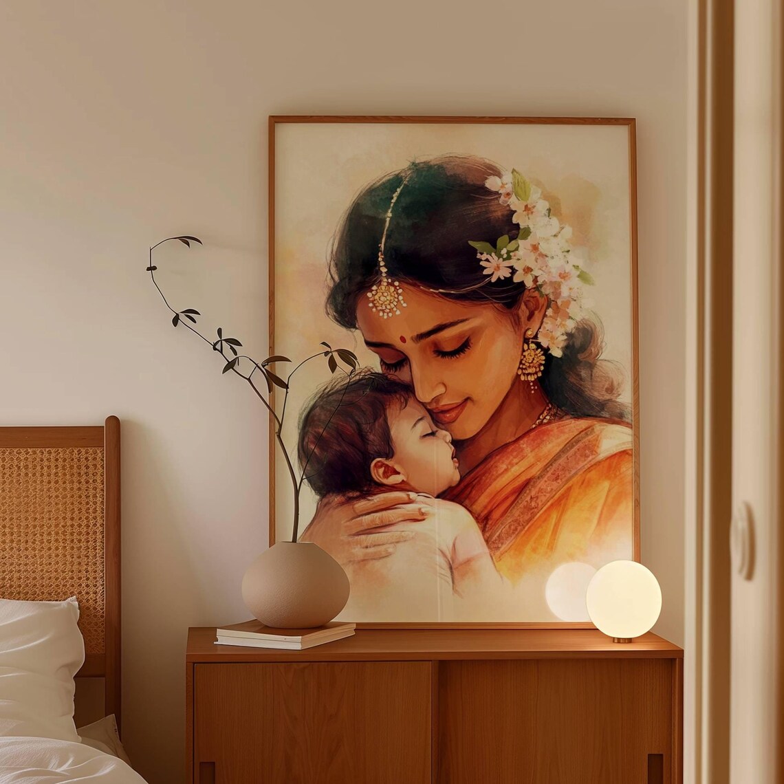 Indian Mother Kissing Baby Orange Sari Watercolor Love Poster