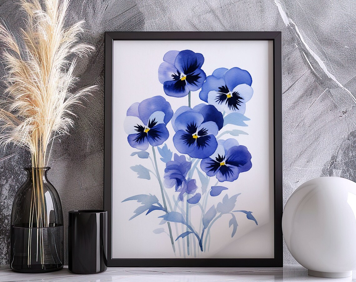 Blue Pansies Watercolor Bouquet Vibrant Blooms Botanical Floral Art Poster