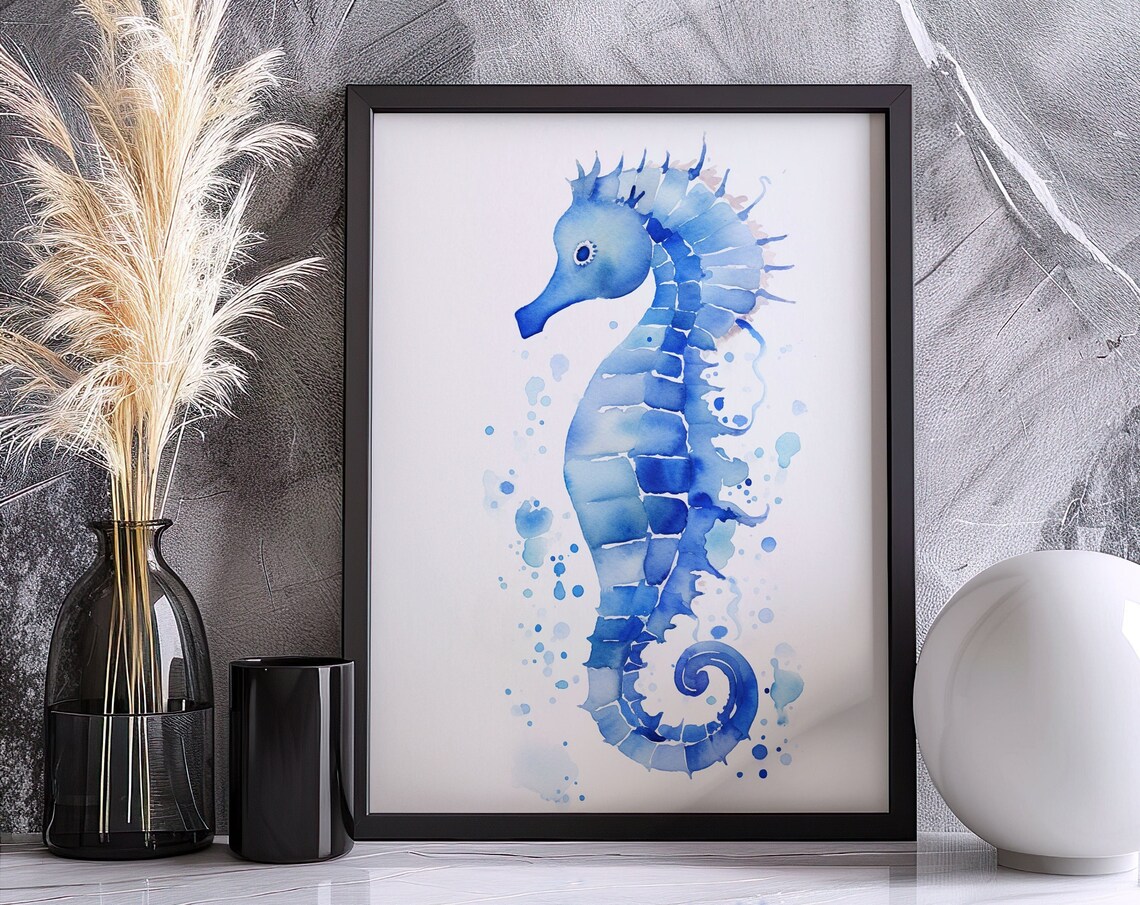 Blue Seahorse Watercolor Ocean Life Bubble Splash Art Poster