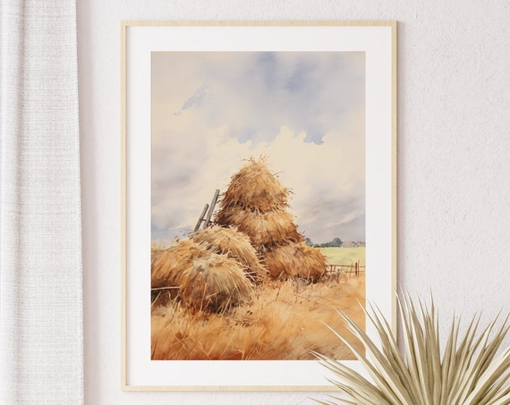 Haystacks Watercolor Painting Wall Art Poster Colourful Illustration Nature Minimalist Decor Farm House Rustic Wall Decor
