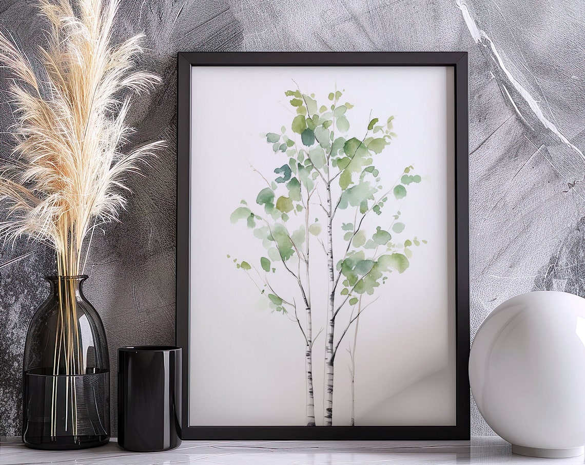 Green Birch Tree Watercolor Minimalist Spring Nature Art Poster