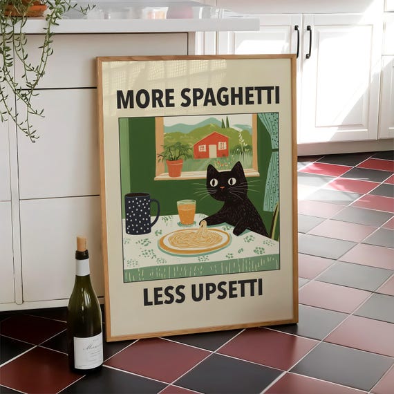 More Spaghetti Less Upsetti Cat Poster Pasta Print Retro Diner Funny Black Wall Art Italian Kitchen Digital File