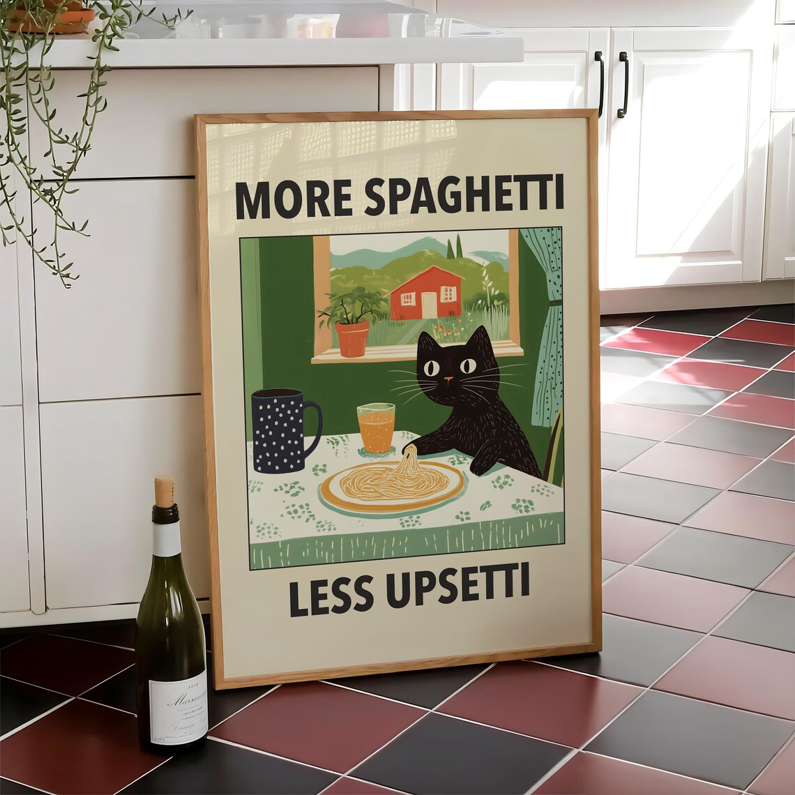 More Spaghetti Less Upsetti Cute Black Cat Pasta Kitchen Diner Wall Poster