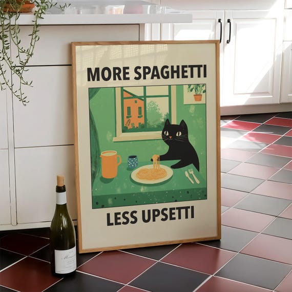 More Spaghetti Less Upsetti Cat Poster Retro Diner Funny Black Wall Art Pasta Print Italian Kitchen Digital File