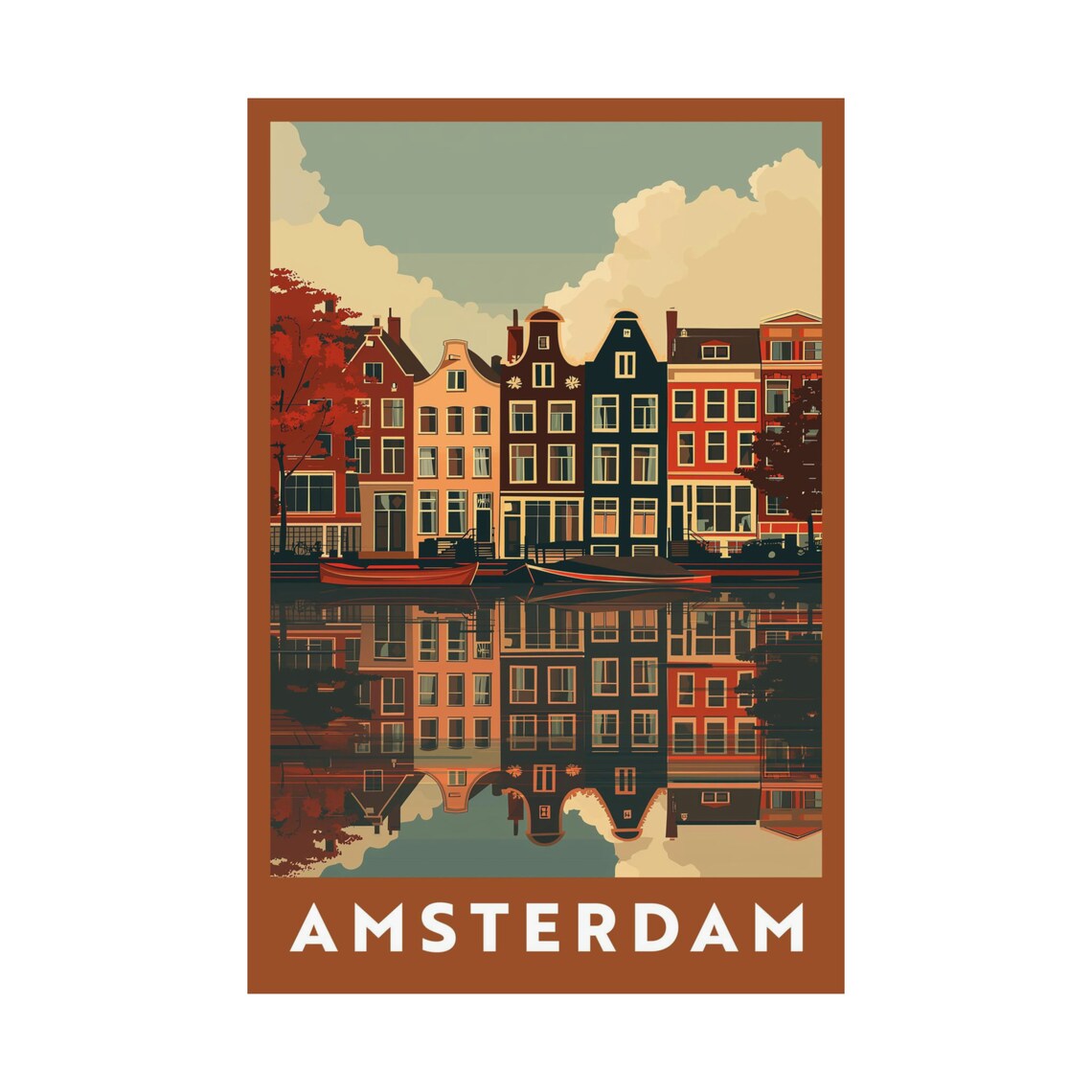Amsterdam Canal Row Houses Poster Retro Dutch Travel Wall Decor