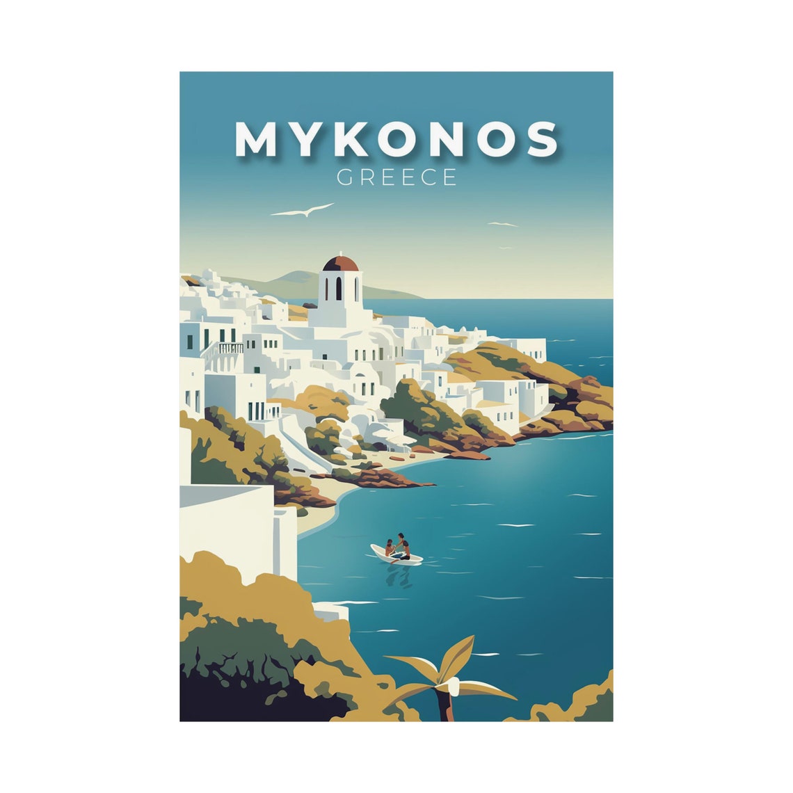 Mykonos Greece Travel Print Ornos Bay Vintage Art Poster