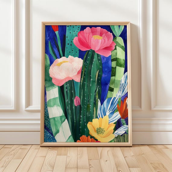 Colorful Cactus Flower Composition Bold Abstract Botanical Art Vibrant Wall Decor