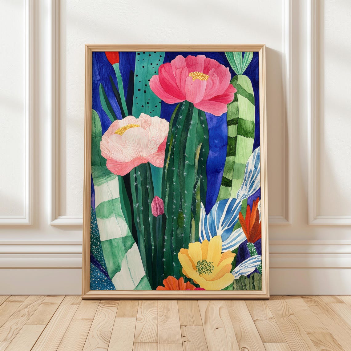 Colorful Cactus Flower Composition Bold Abstract Botanical Art Vibrant Wall Decor