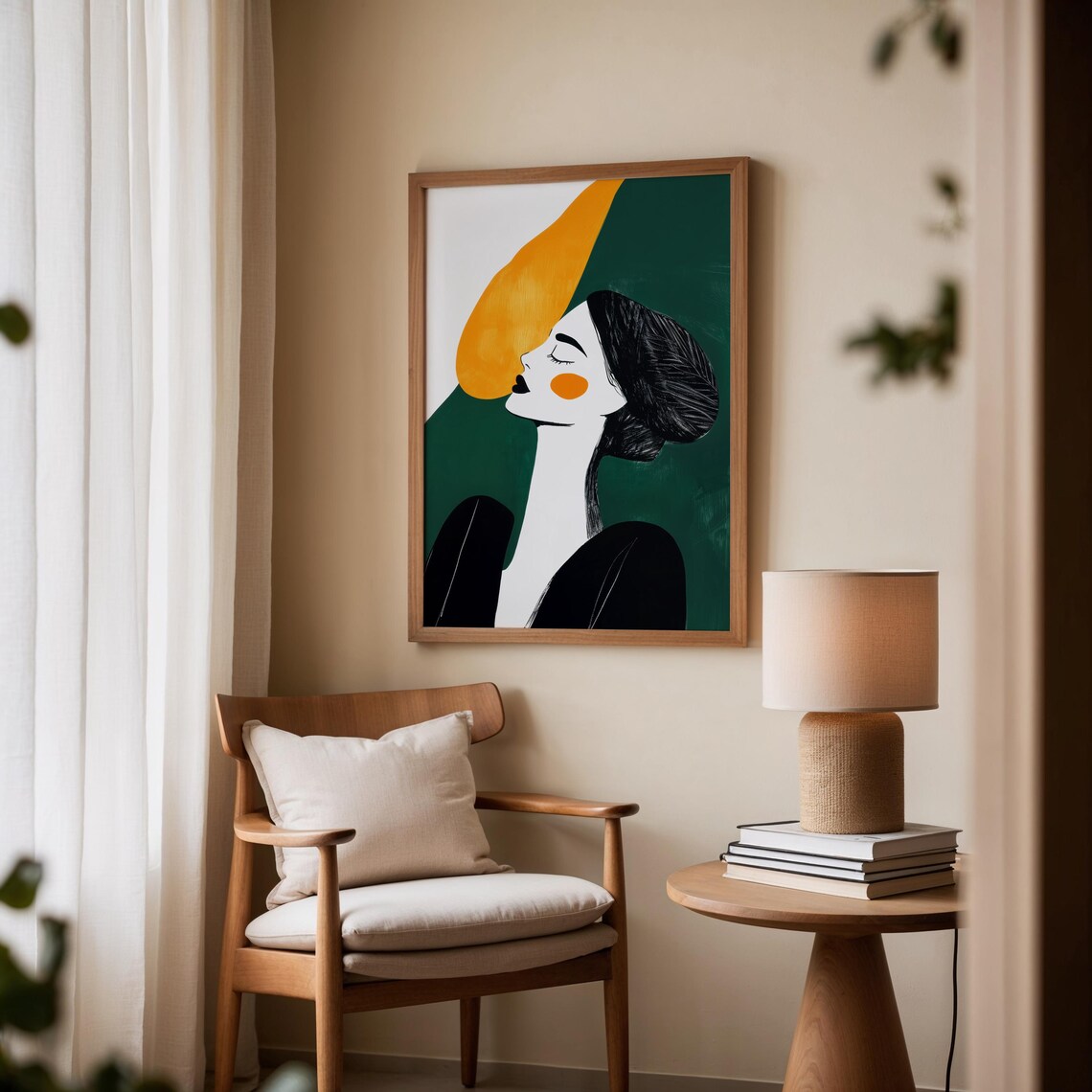 Woman Portrait in Green and Black With Orange Accent Art Poster - Image 2