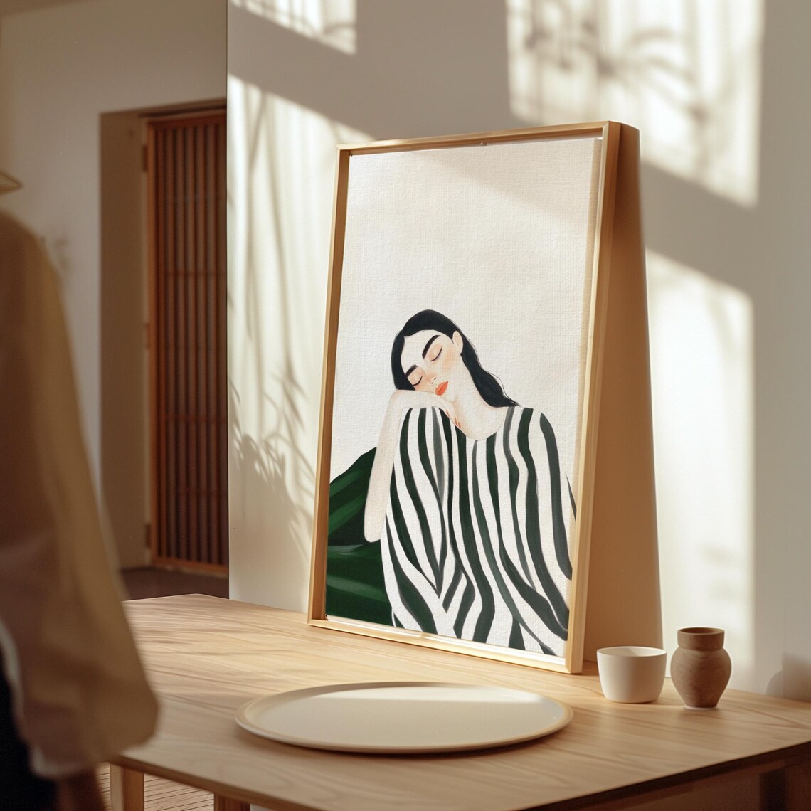 Woman Resting Her Head on Her Hand Striped Blouse Art Poster - Image 3