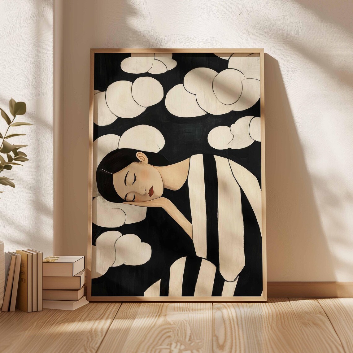 Minimalist Woman Sleeping In Clouds Black And White Dreamy Wall Art Feminine Modern