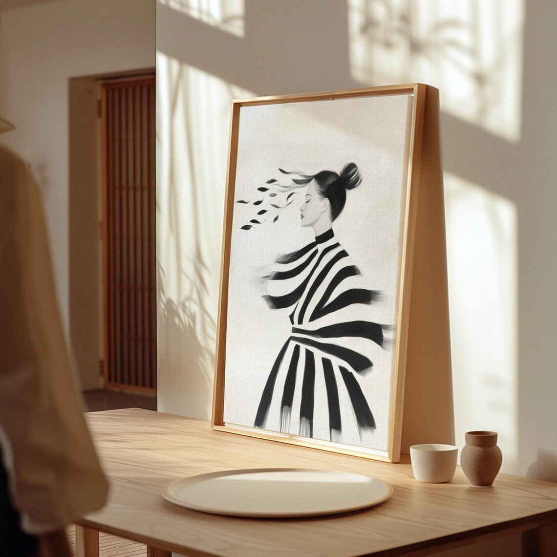 Elegant Woman With Windblown Hair In Striped Dress Art Poster - Image 3