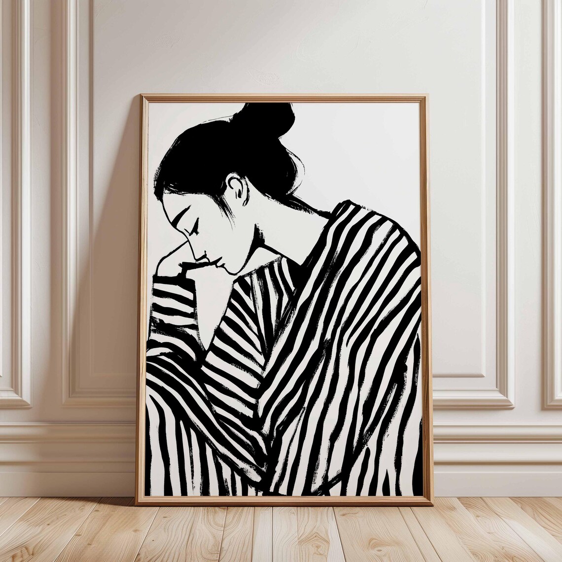 Monochrome Woman Portrait Resting In Striped Robe Minimalist Poster