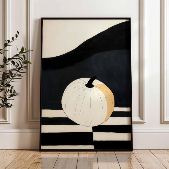 Minimalist Pumpkin Still Life Striped Modern Fall Wall Art Neutral Patterned Kitchen Decor Autumn