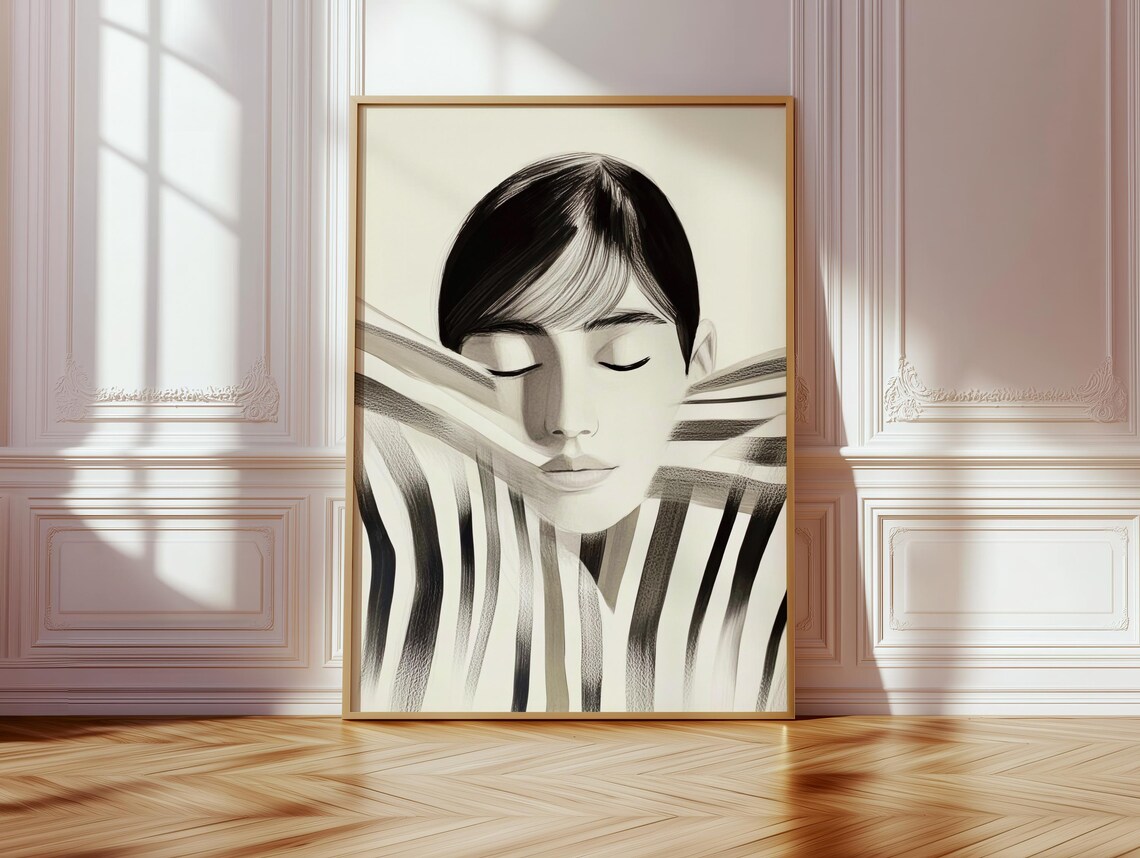 Veiled Woman Portrait With Monochrome Striped Fabric Art Poster