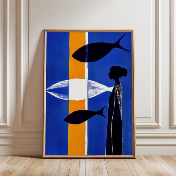 Dreamlike Abstract Woman And Fish Composition Bold Blue Orange Modern Art Print Minimal Surrealist Artwork For Dreamers