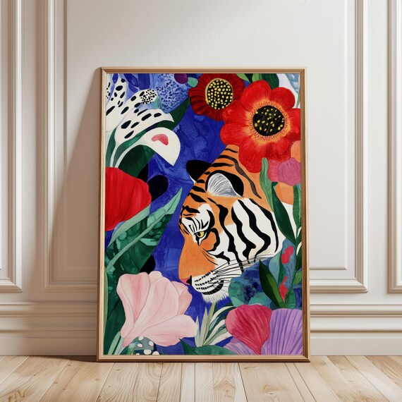 Orange Tiger Among Colorful Jungle Flowers Bold Botanical Poster