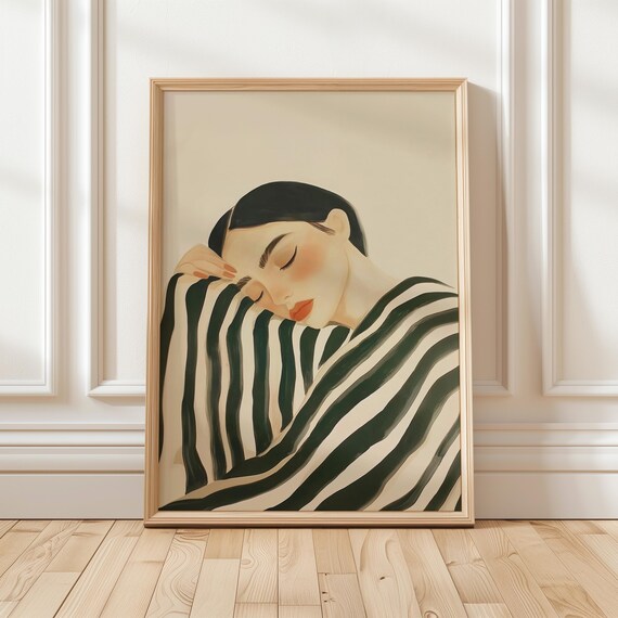 Resting Woman in Emerald Green Striped Blouse Minimalist Poster