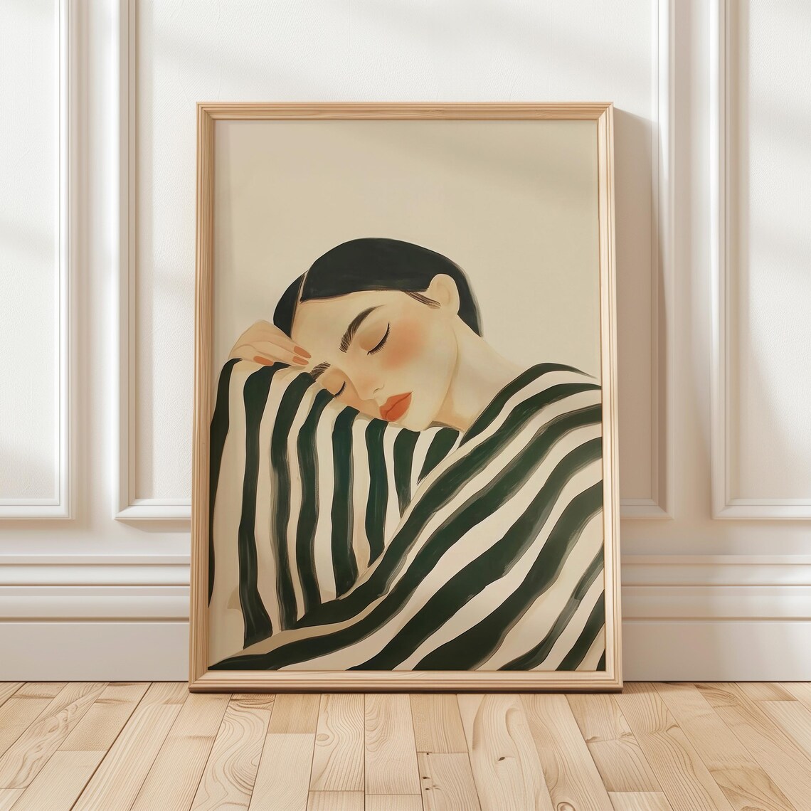 Resting Woman in Emerald Green Striped Blouse Minimalist Poster
