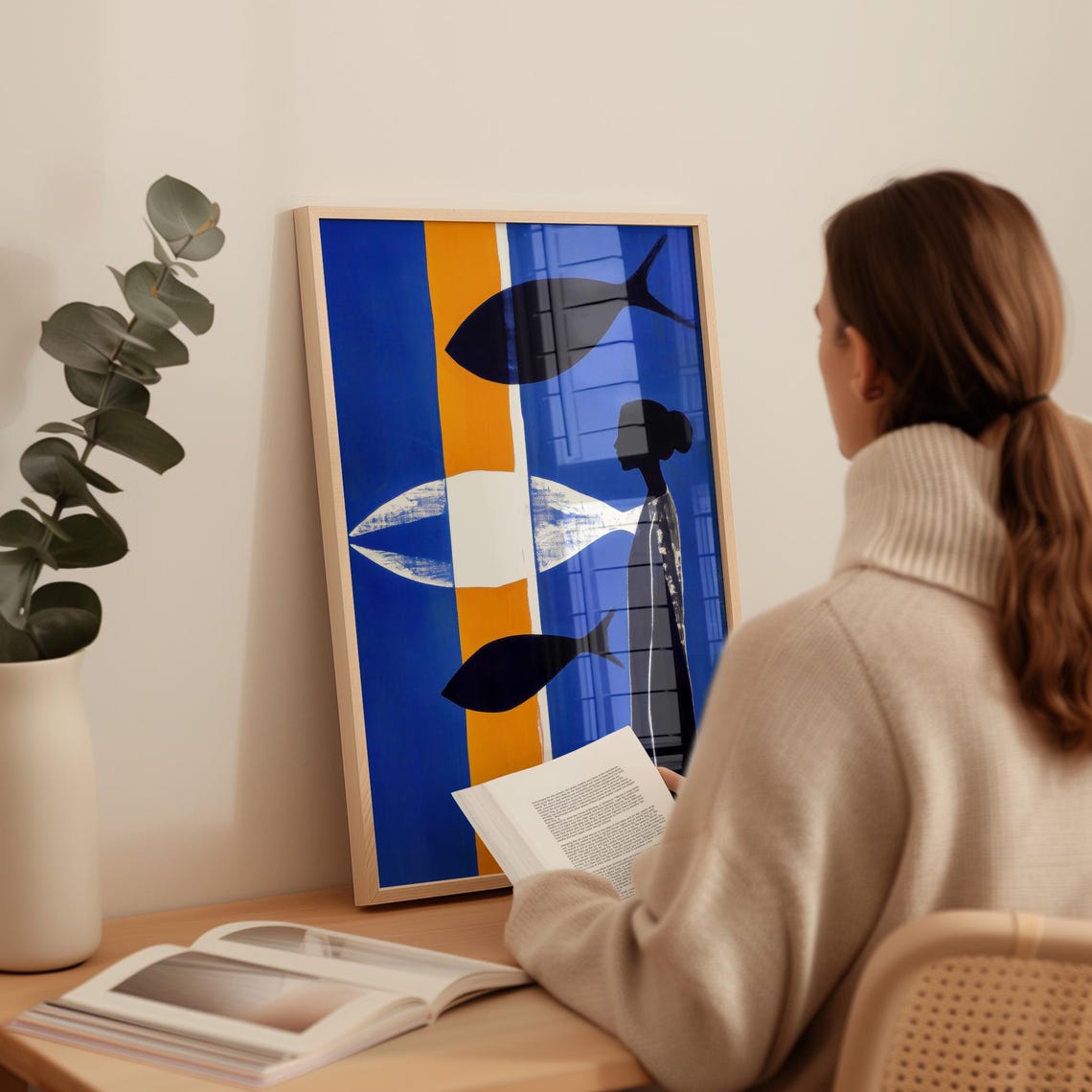 Dreamlike Abstract Woman And Fish Composition Bold Blue Orange Modern Art Print Minimal Surrealist Artwork For Dreamers - Image 3