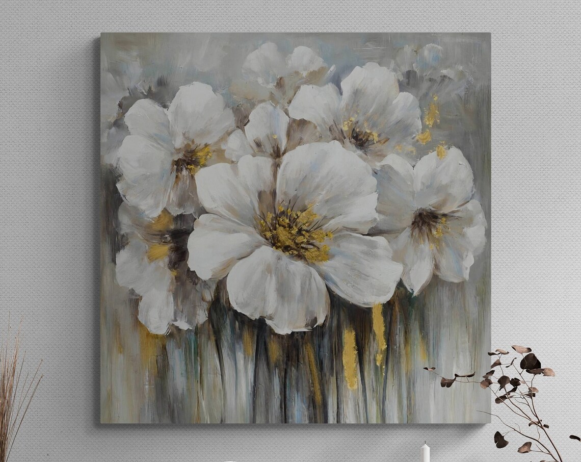 White Daisies With Gold Centers Textured Oil Painting Floral Wall Art - Image 2