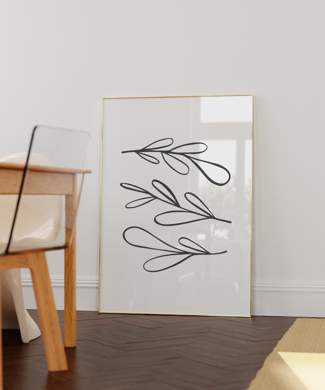 Black Line Botanical Art Of Three Leafy Sprigs Drawing Poster