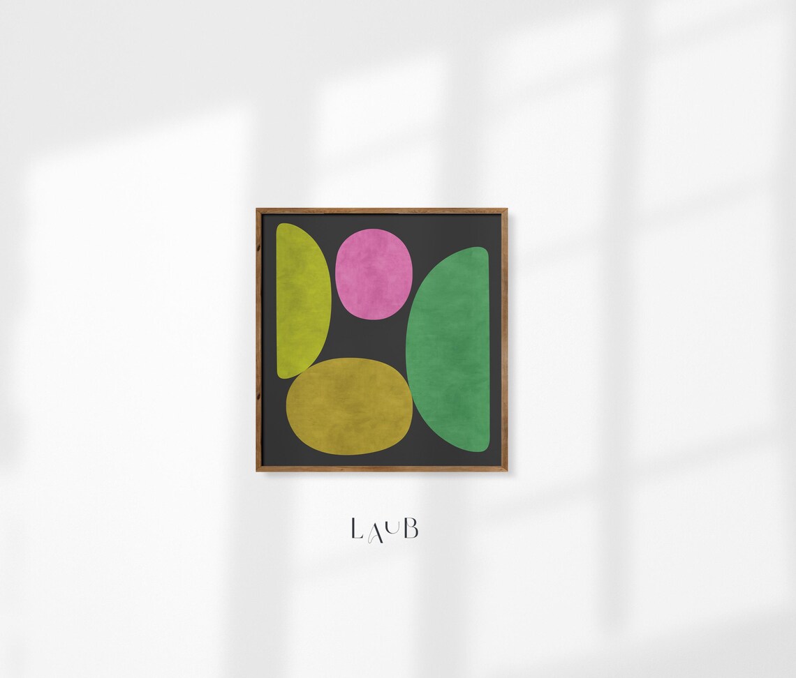 Bold Organic Shapes Yellow Pink Green On Black Abstract Poster - Image 2