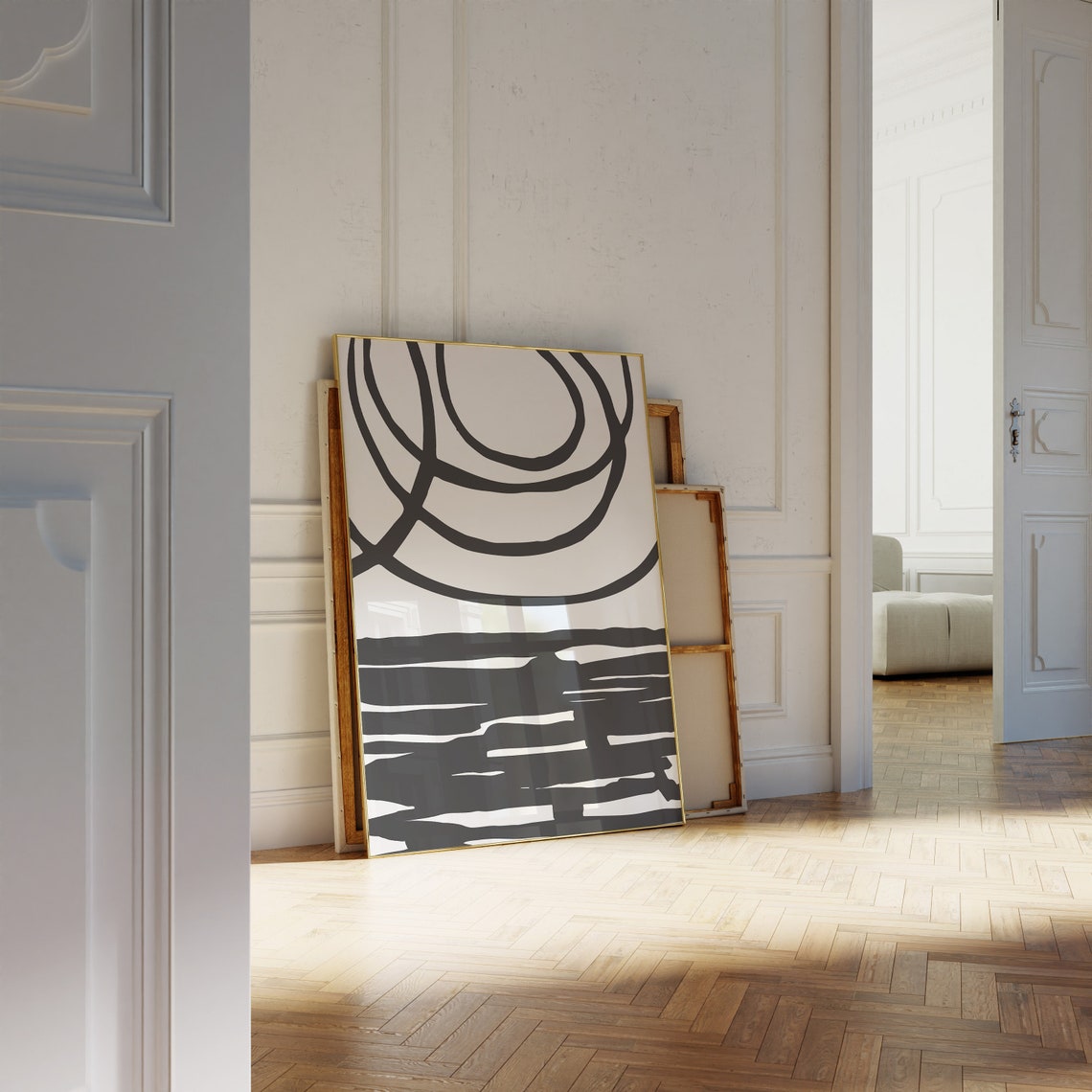 Black White Vertical Strokes Circular Arcs Minimalist Line Wall Art - Image 2