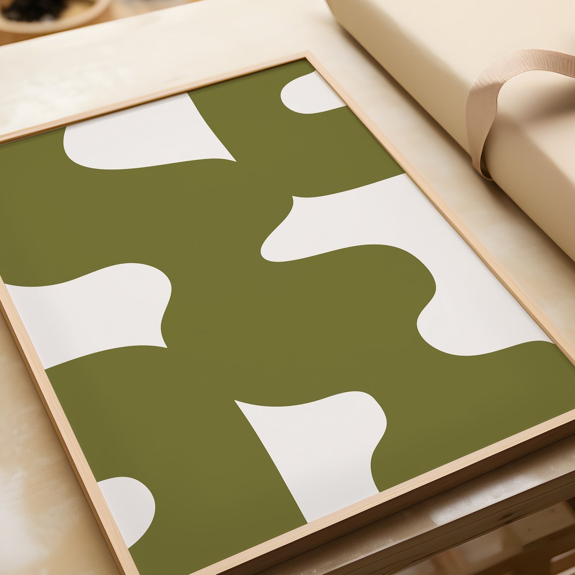 Midcentury Olive Green Cream Organic Shapes Abstract Wall Art - Image 3
