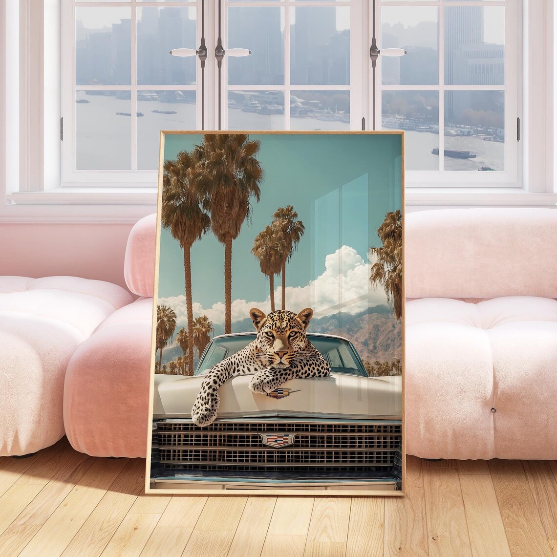 Leopard Draped Over White Cadillac Hood Beneath Palm Trees Poster - Image 3