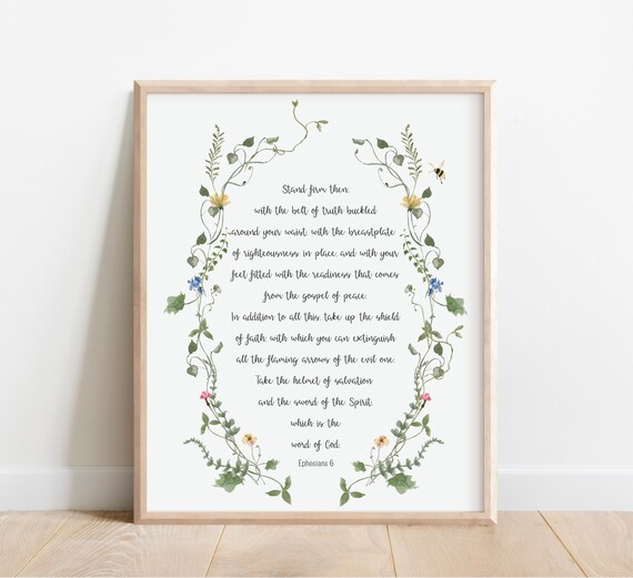 Armor Of God Ephesians 6 Bible Verse Wall Art Scripture Print Christian Gift Watercolor Wildflowers Stand Firm Then With Belt Truth