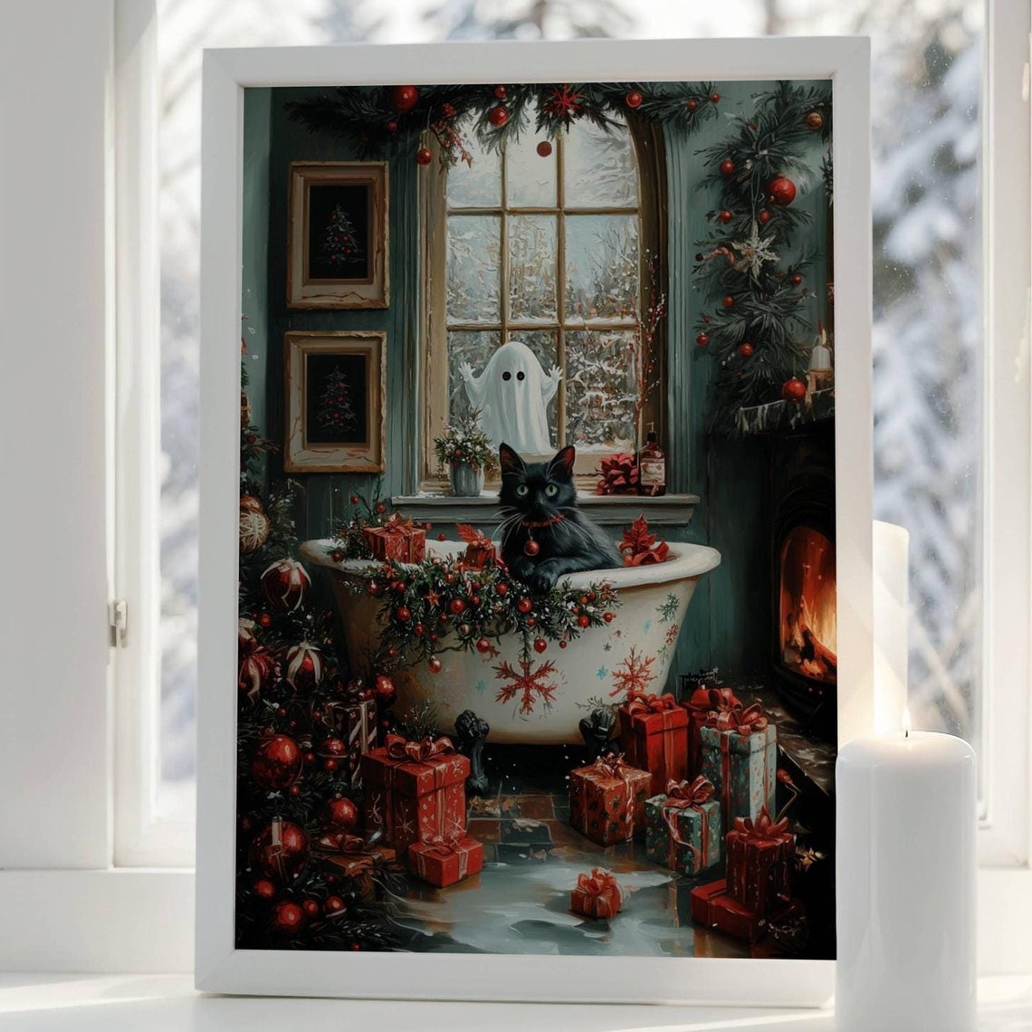 Black Cat in a Festive Bathtub With a Ghost Christmas Poster