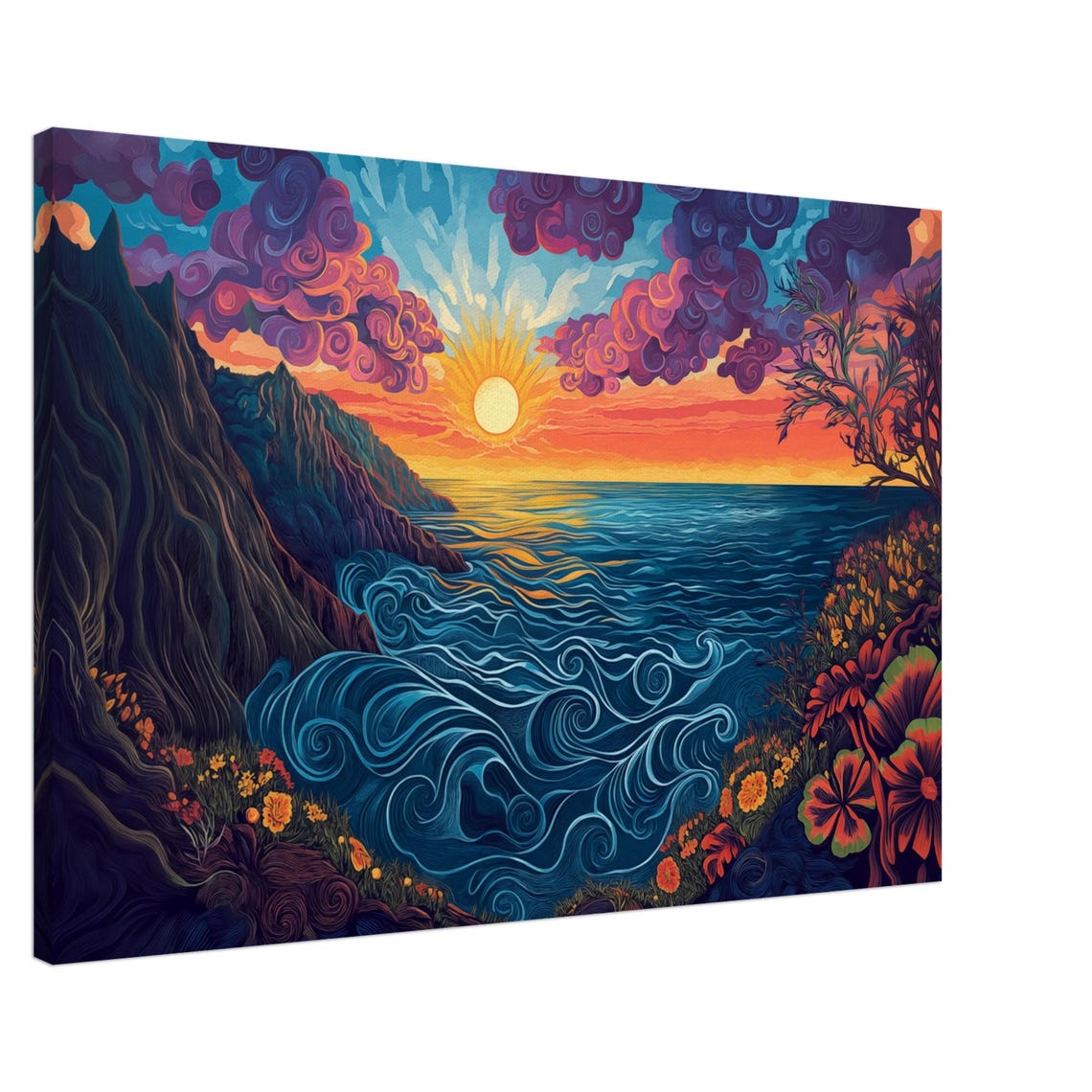 Psychedelic Sunset Coast with Swirling Waves and Flowers Poster - Image 4