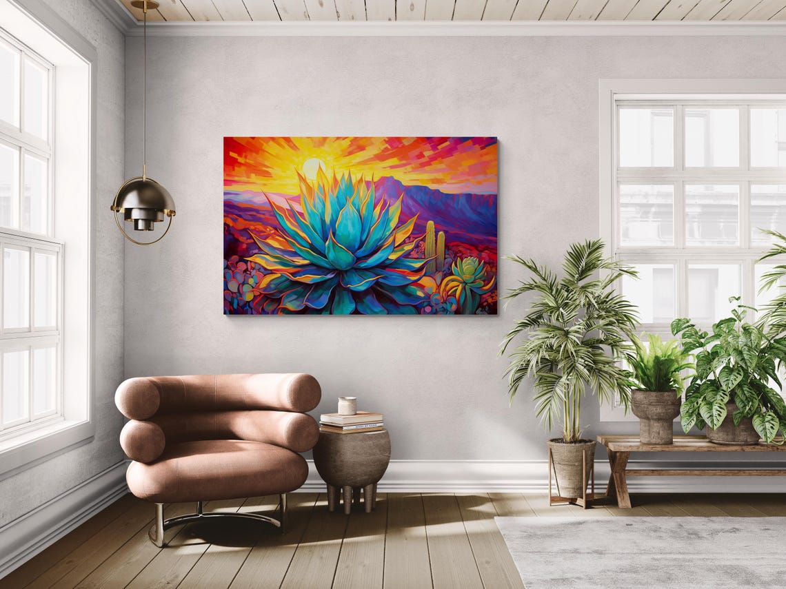 Vibrant Blue Agave Desert Sunset Southwestern Poster for Boho Decor - Image 2