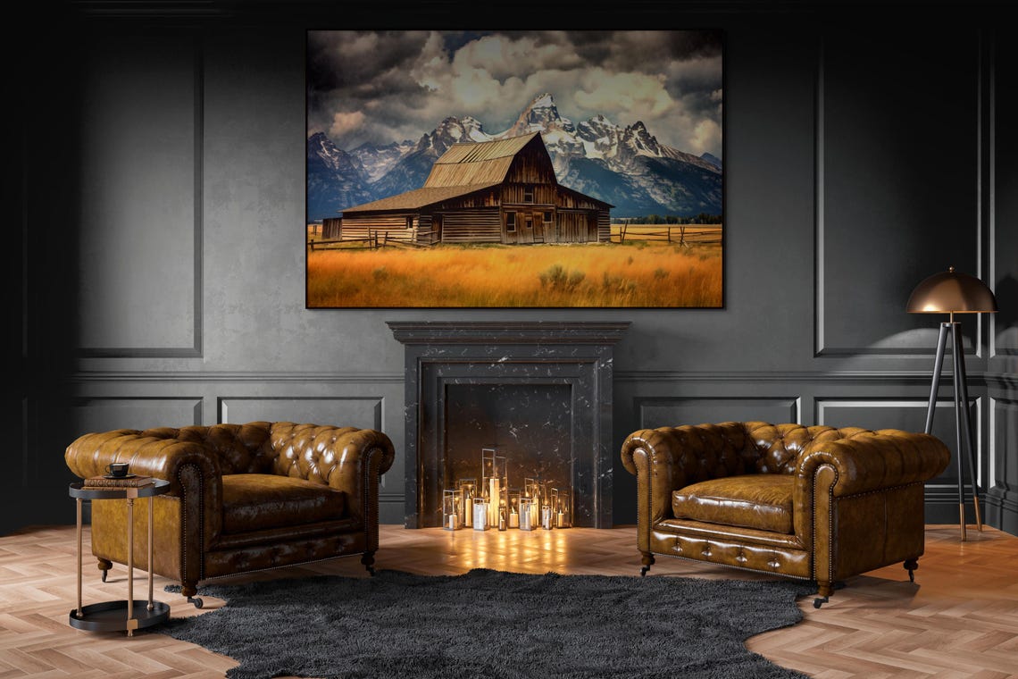 Rustic Wooden Barn with Snowy Mountain Backdrop Landscape Poster - Image 4