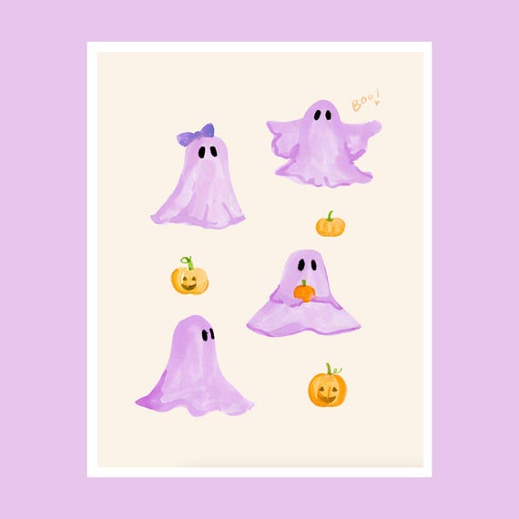 Purple Ghosts and Pumpkins Art Print, Halloween Decor