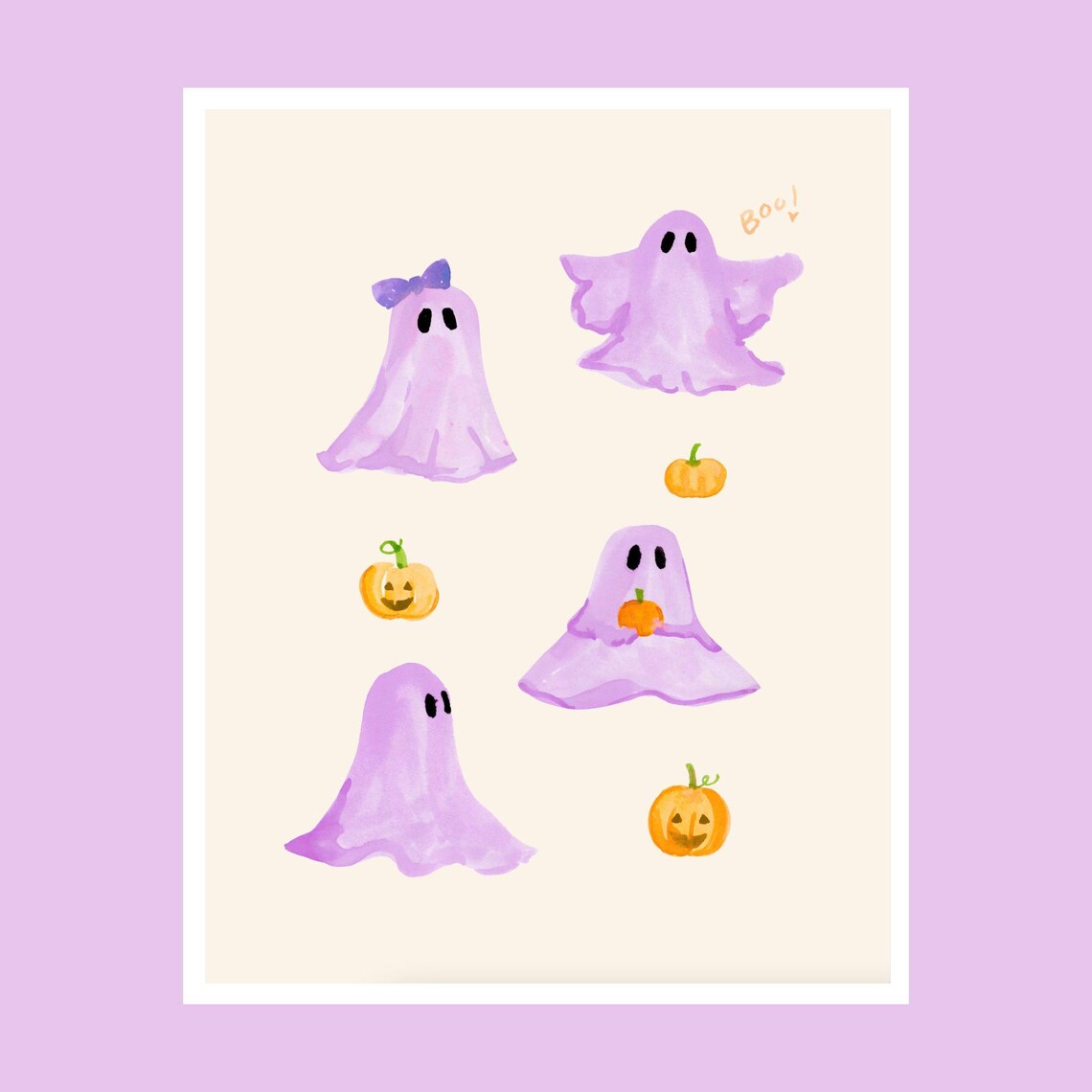 Purple Ghosts and Pumpkins Art Print, Halloween Decor