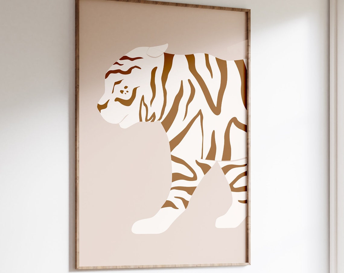 Abstract Tiger Walking Beige Brown 70s Boho Minimalist Poster