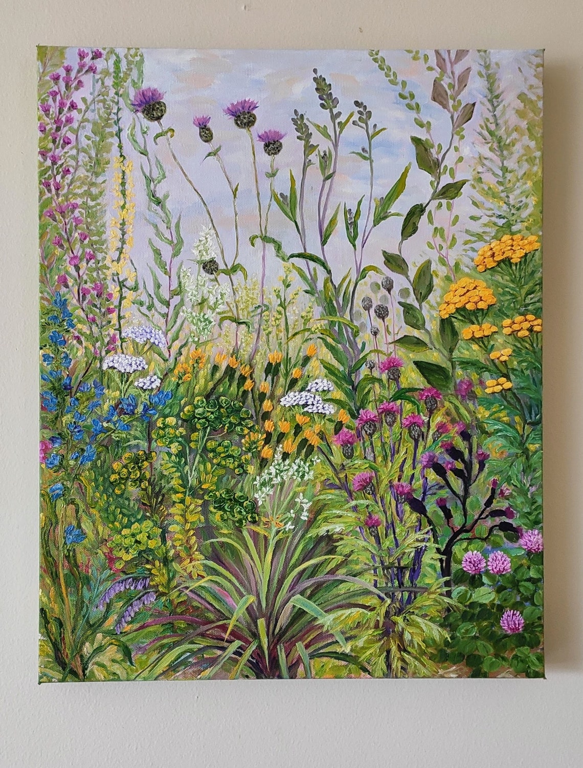 Wildflower Garden Herbs Thistles Botanical Oil Painting Green Wall Art - Image 3