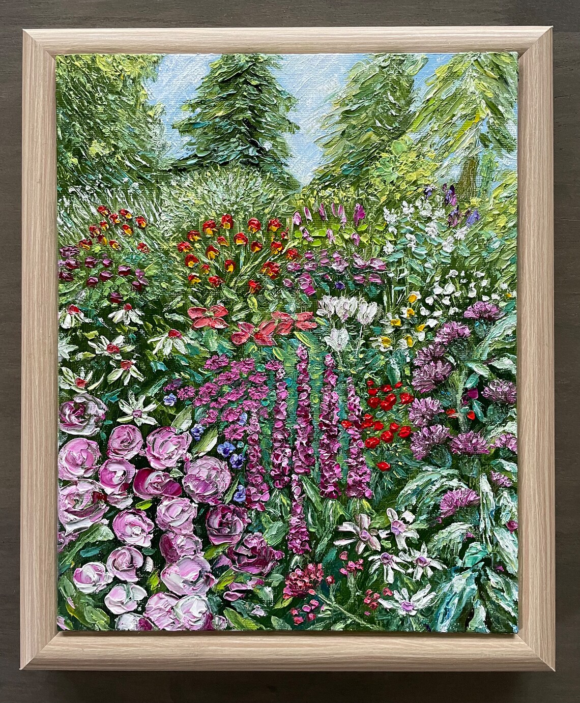 Lush Summer Garden With Pink Roses Salvia Poppies Fir Trees Art Poster
